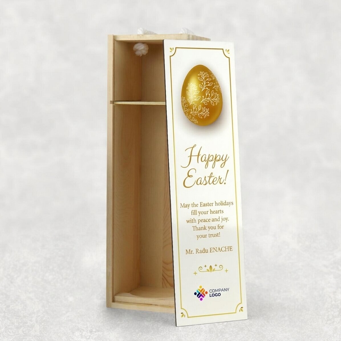 Scatola di vino personalizzata con logo e messaggio - Buona Pasqua!