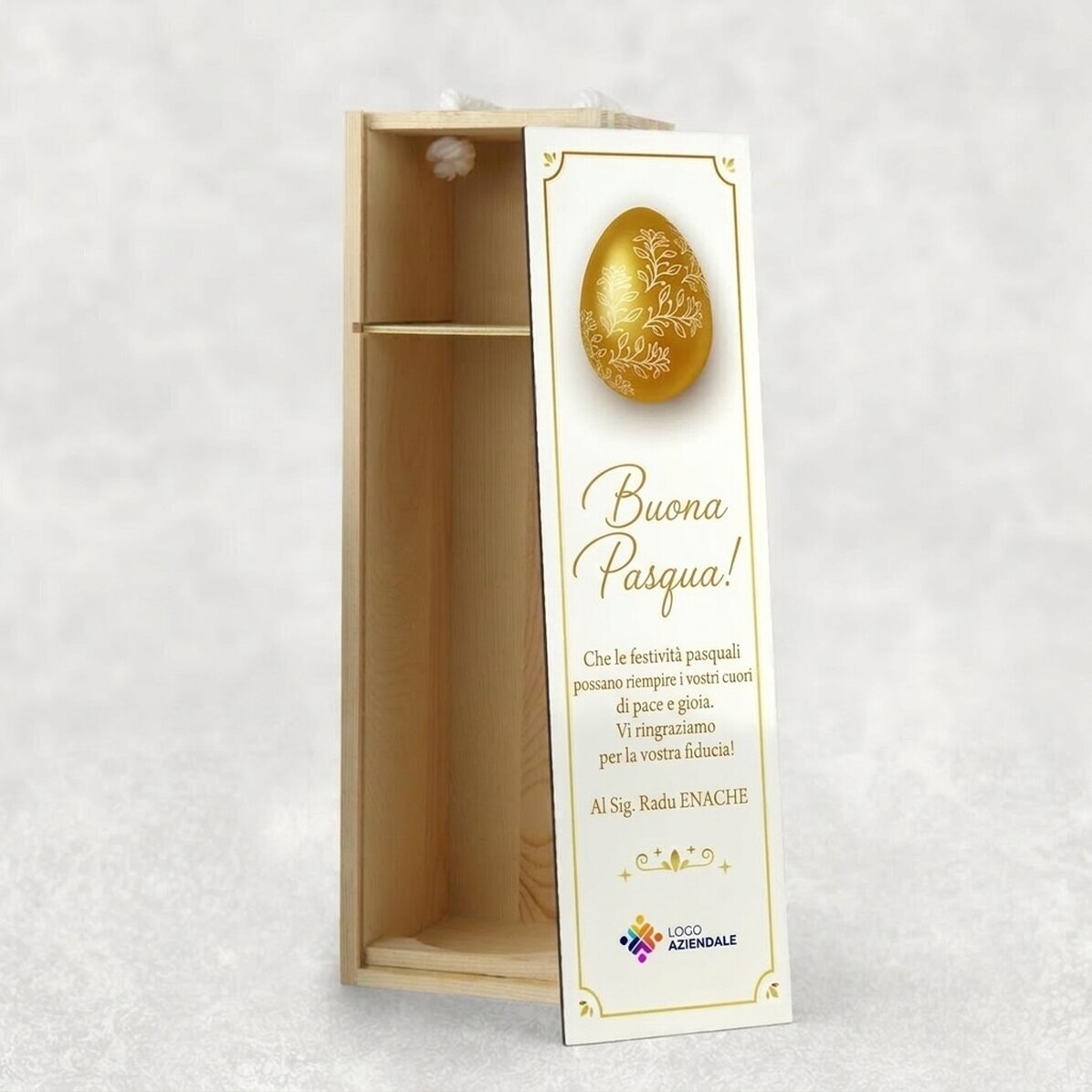 Scatola di vino personalizzata con logo e messaggio - Buona Pasqua!