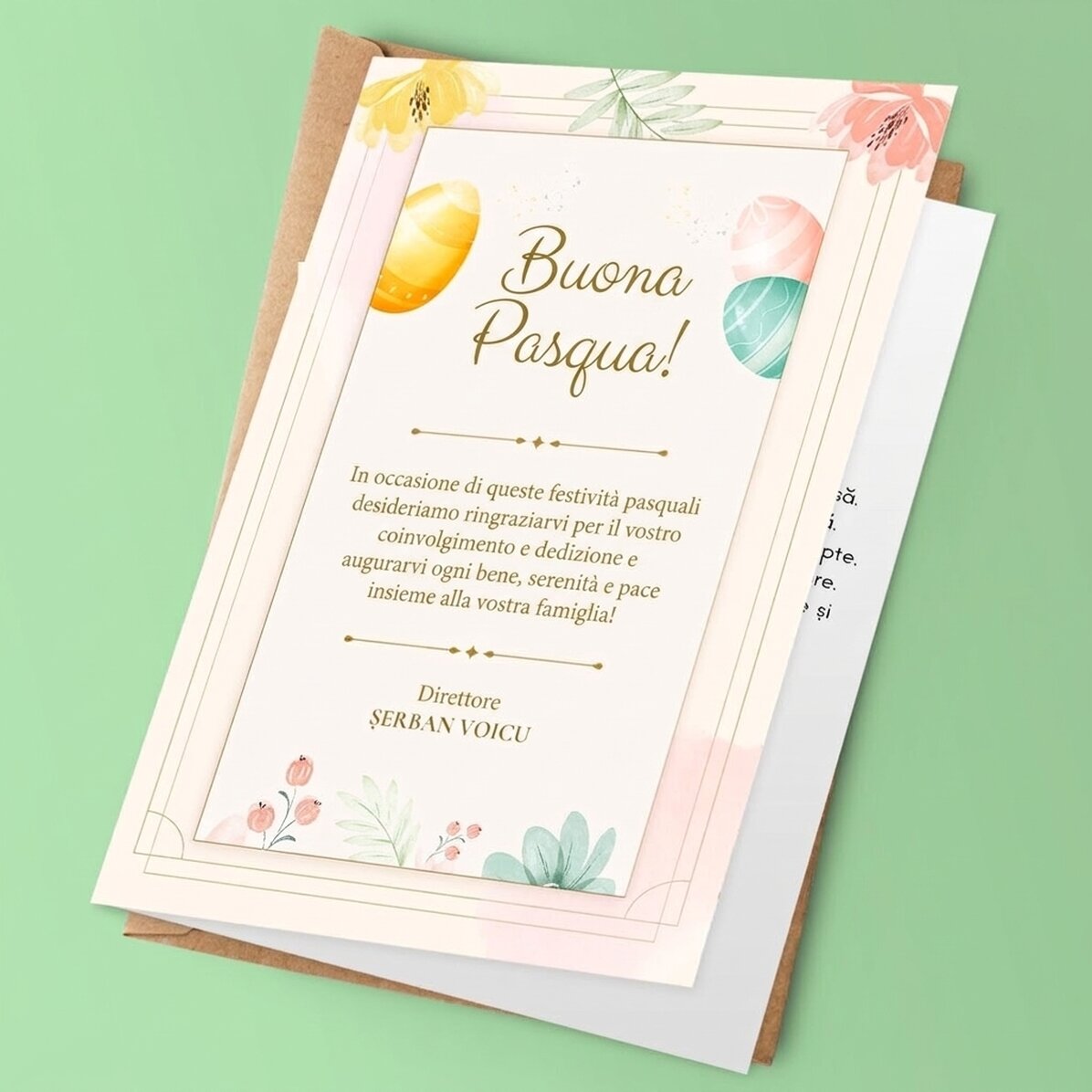 Biglietto di auguri personalizzato con logo e messaggio di Pasqua