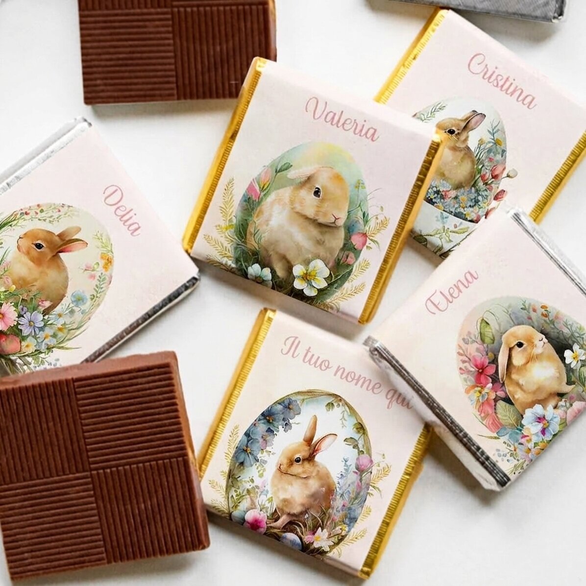 Set di 5 mini cioccolatini personalizzati con messaggio - Coniglietti di Pasqua
