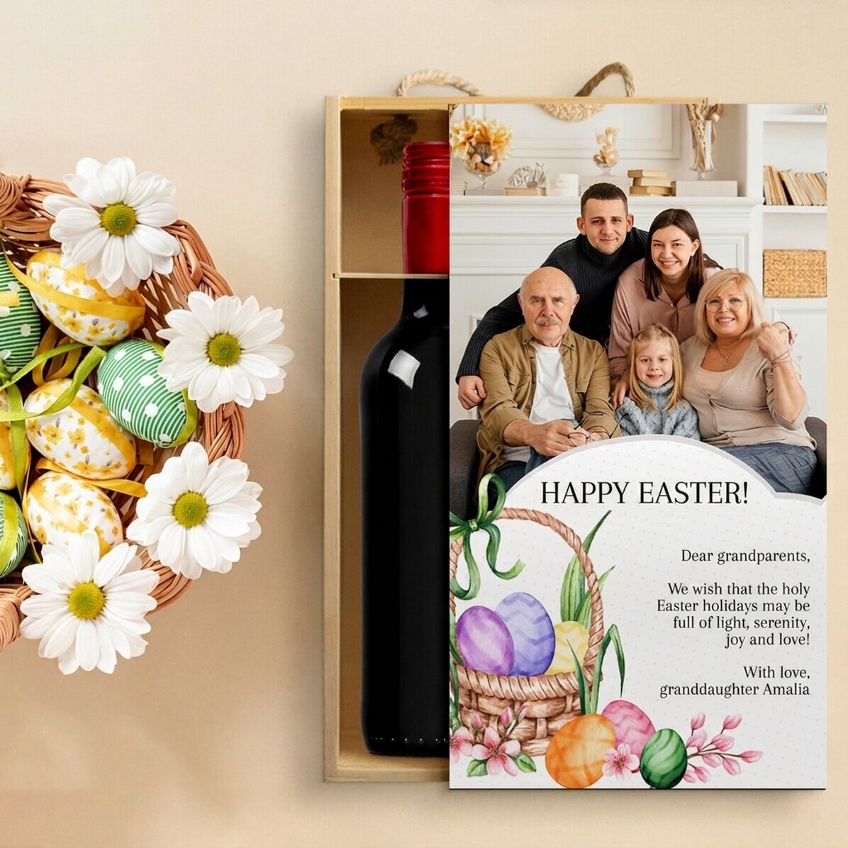 Scatola per 2 bottiglie di vino personalizzata con una foto e un messaggio di Pasqua