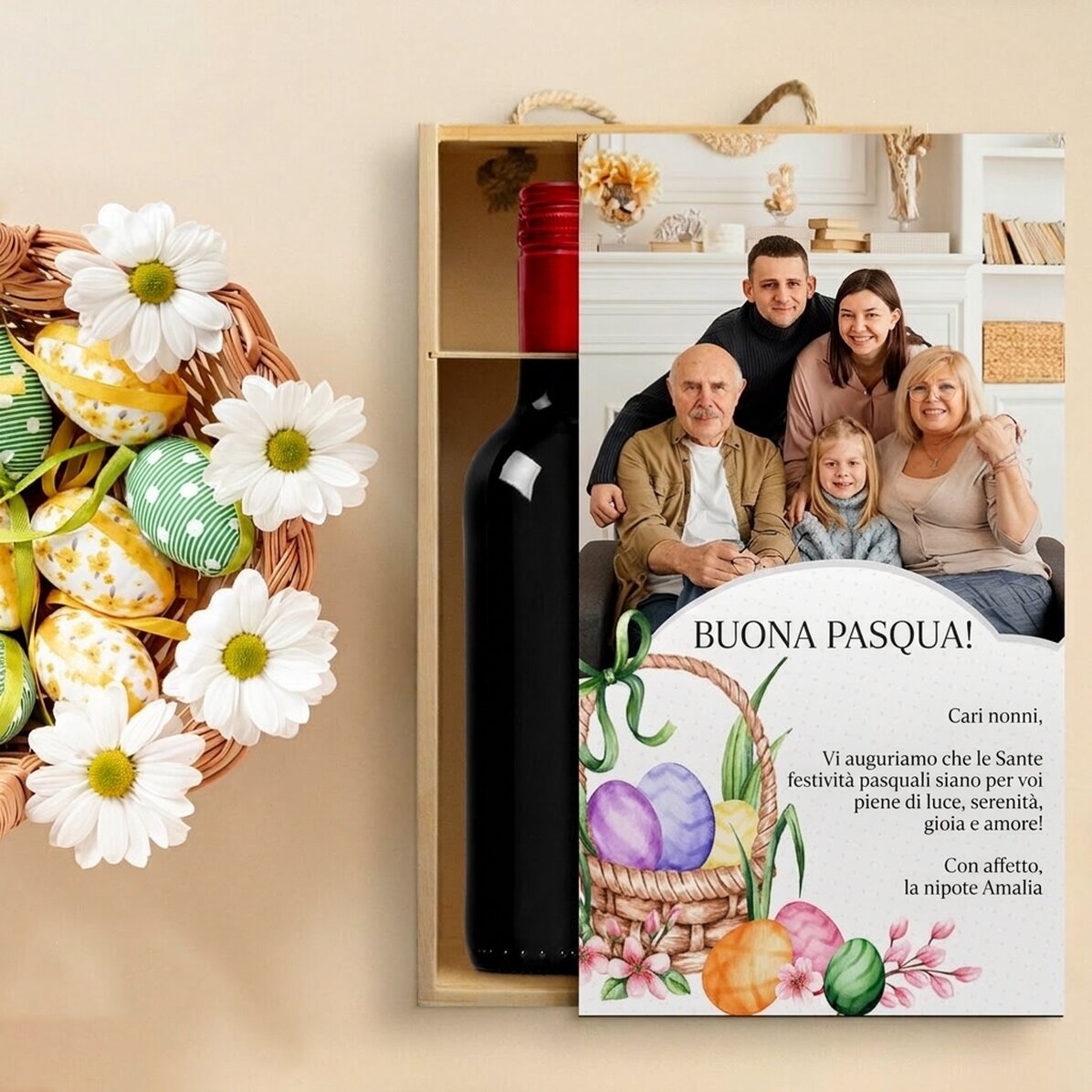 Scatola per 2 bottiglie di vino personalizzata con una foto e un messaggio di Pasqua