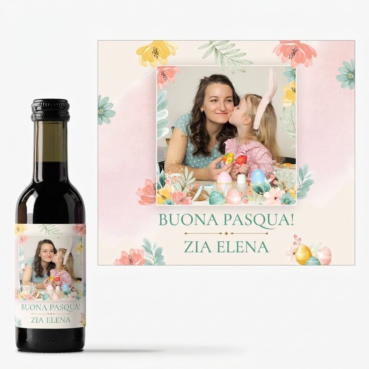 Mini bottiglia di vino personalizzata con foto e testo - Buona Pasqua