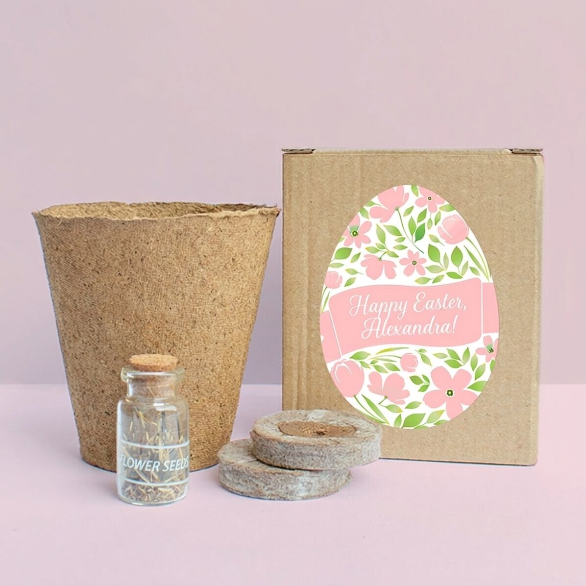 Kit per piantare fiori in una scatolina personalizzata con la scritta "Buona Pasqua!"