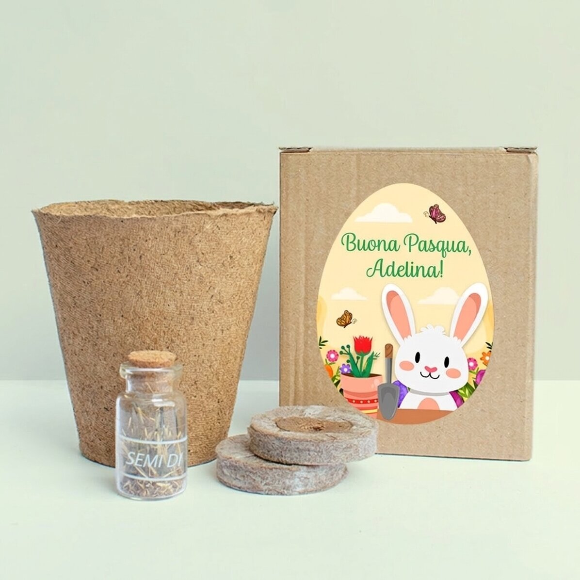 Kit per piantare fiori in una scatolina personalizzata con una frase per bambini - Pasqua