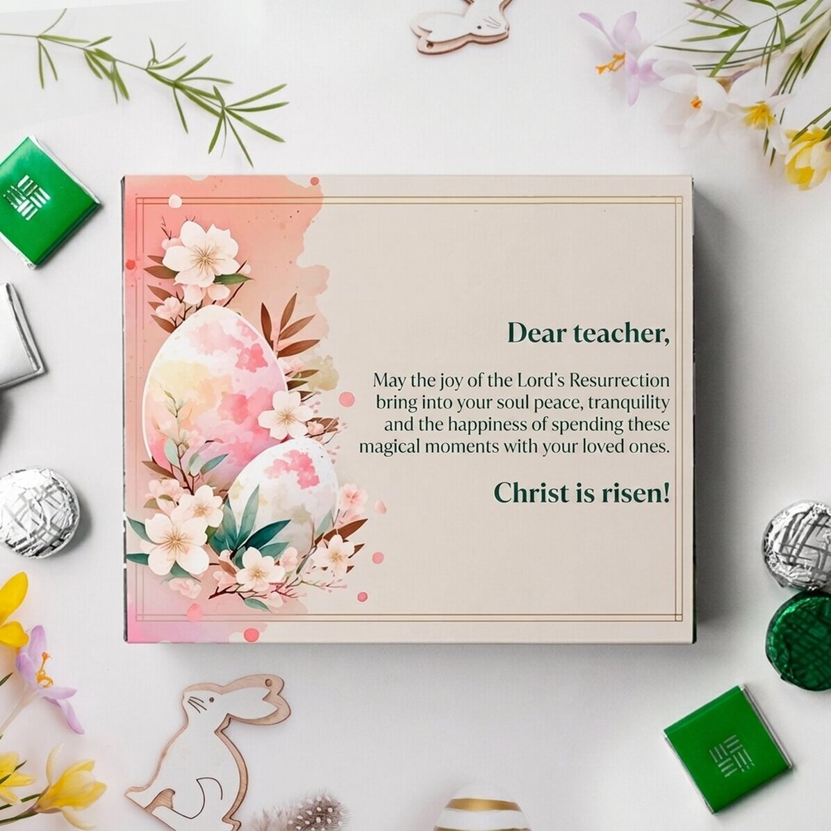 Scatola di cioccolatini personalizzata con un messaggio per la maestra - Buona Pasqua!