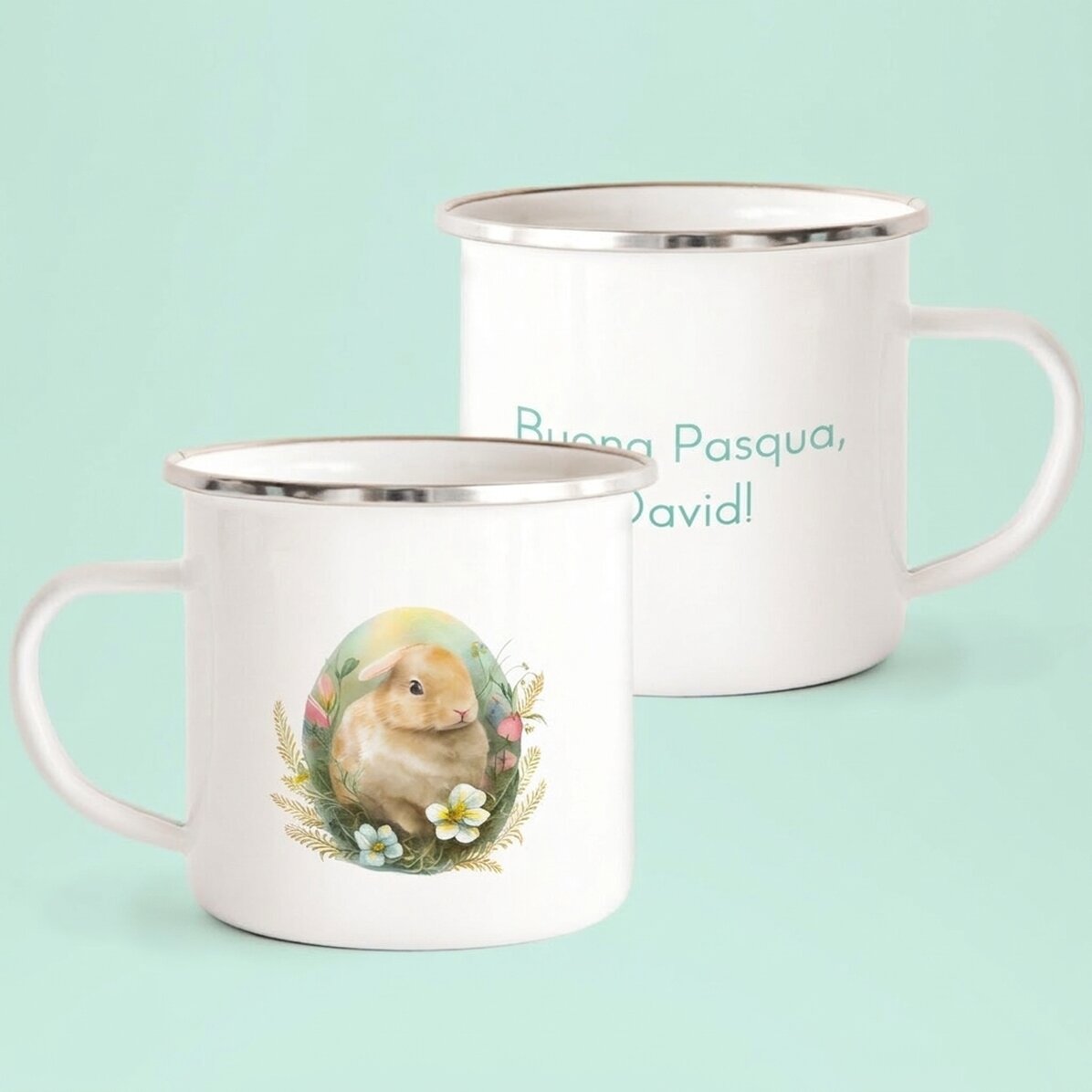Tazza in metallo smaltato personalizzata con messaggio - Buona Pasqua!
