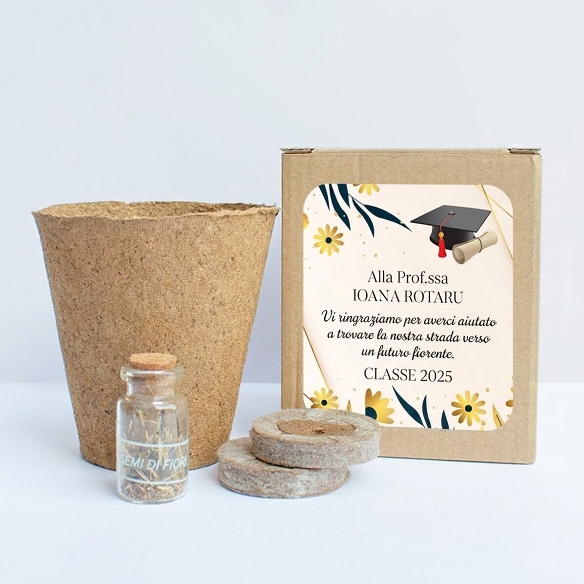 Kit per piantare fiori in una scatolina personalizzata con un messaggio per gli insegnanti - Diploma