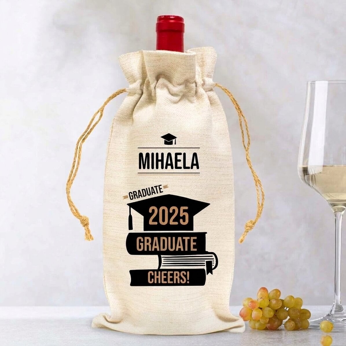 Sacchetto per bottiglia di vino, personalizzato con un messaggio per i neolaureati