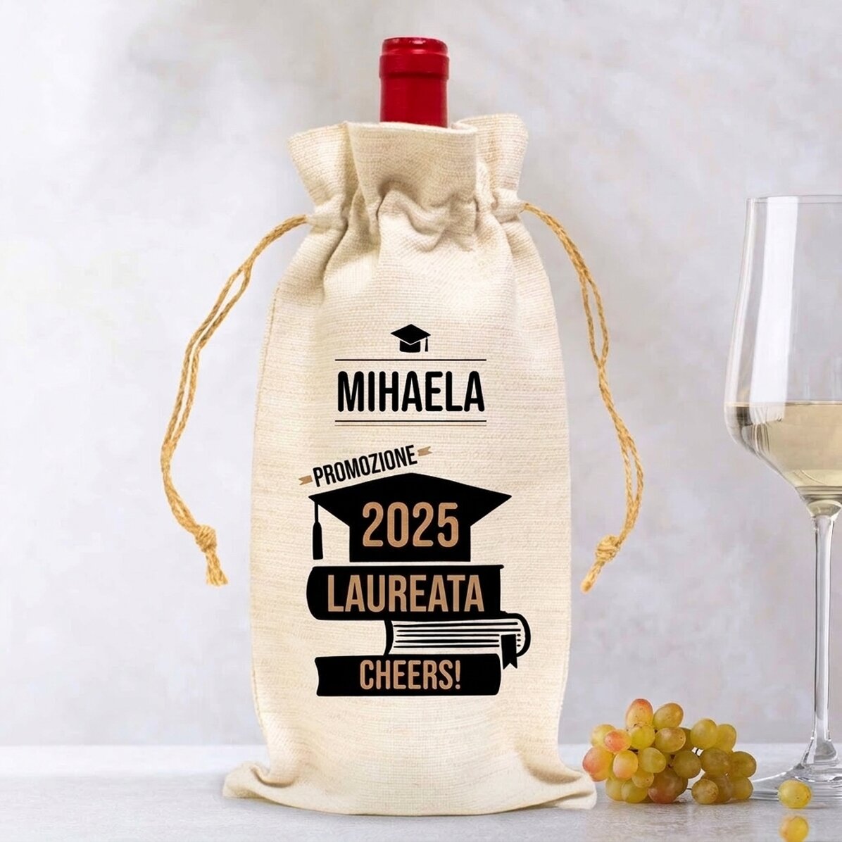 Sacchetto per bottiglia di vino, personalizzato con un messaggio per i neolaureati