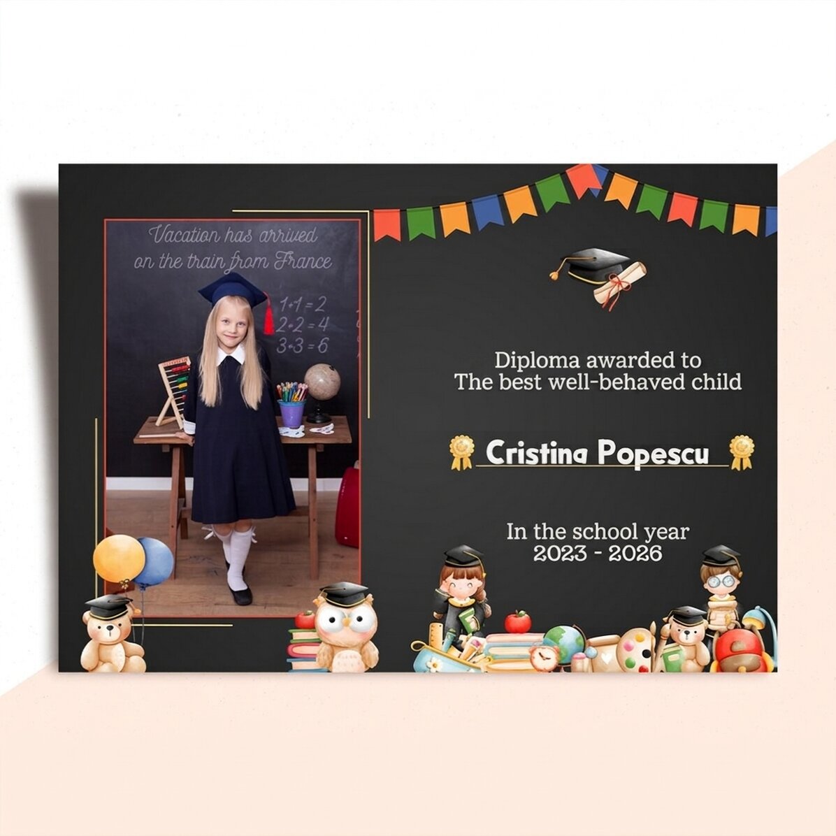 Diploma personalizzato con foto e testo - Per la scolaretta
