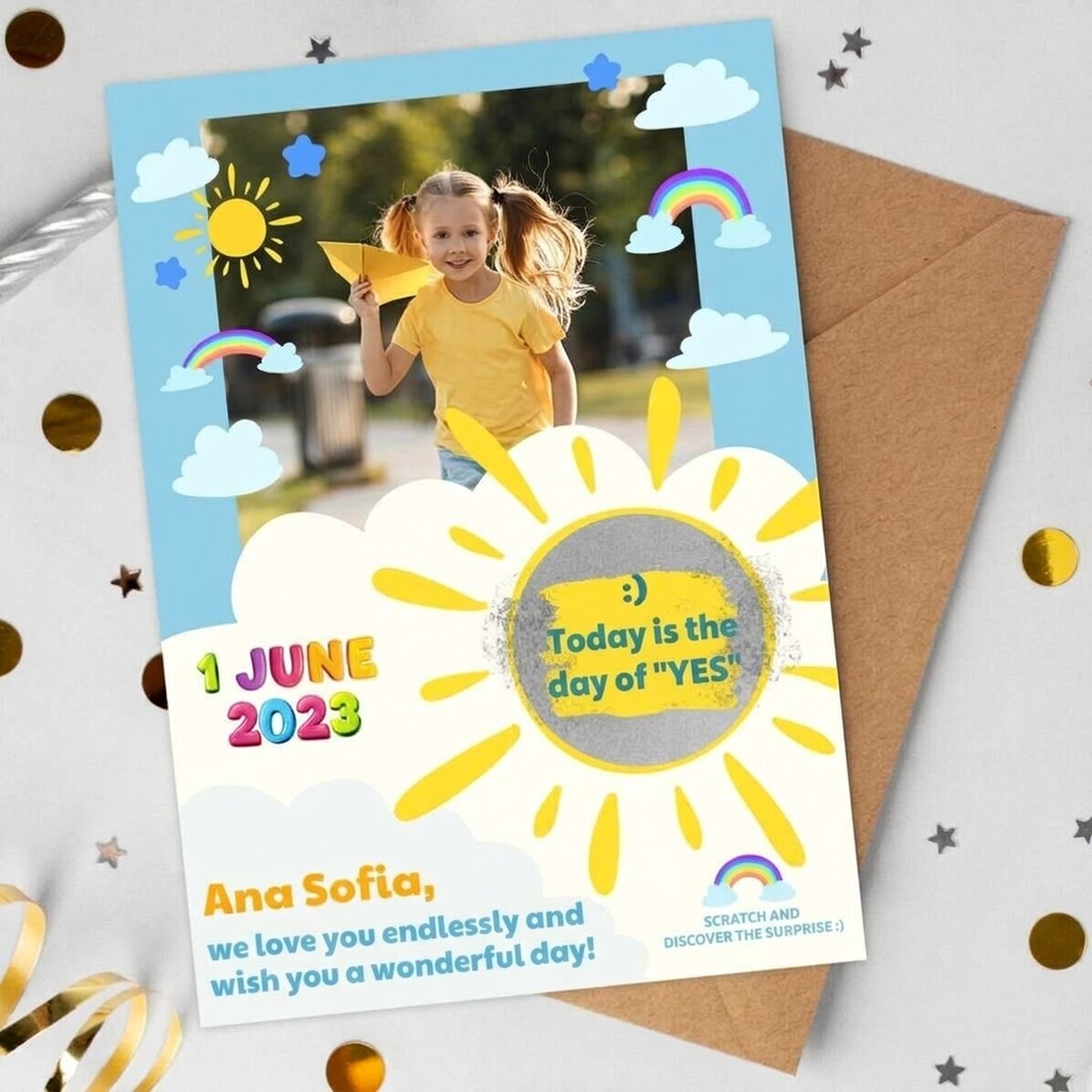 Biglietto gratta e vinci personalizzato con foto e messaggio per i bambini, per il 1° giugno