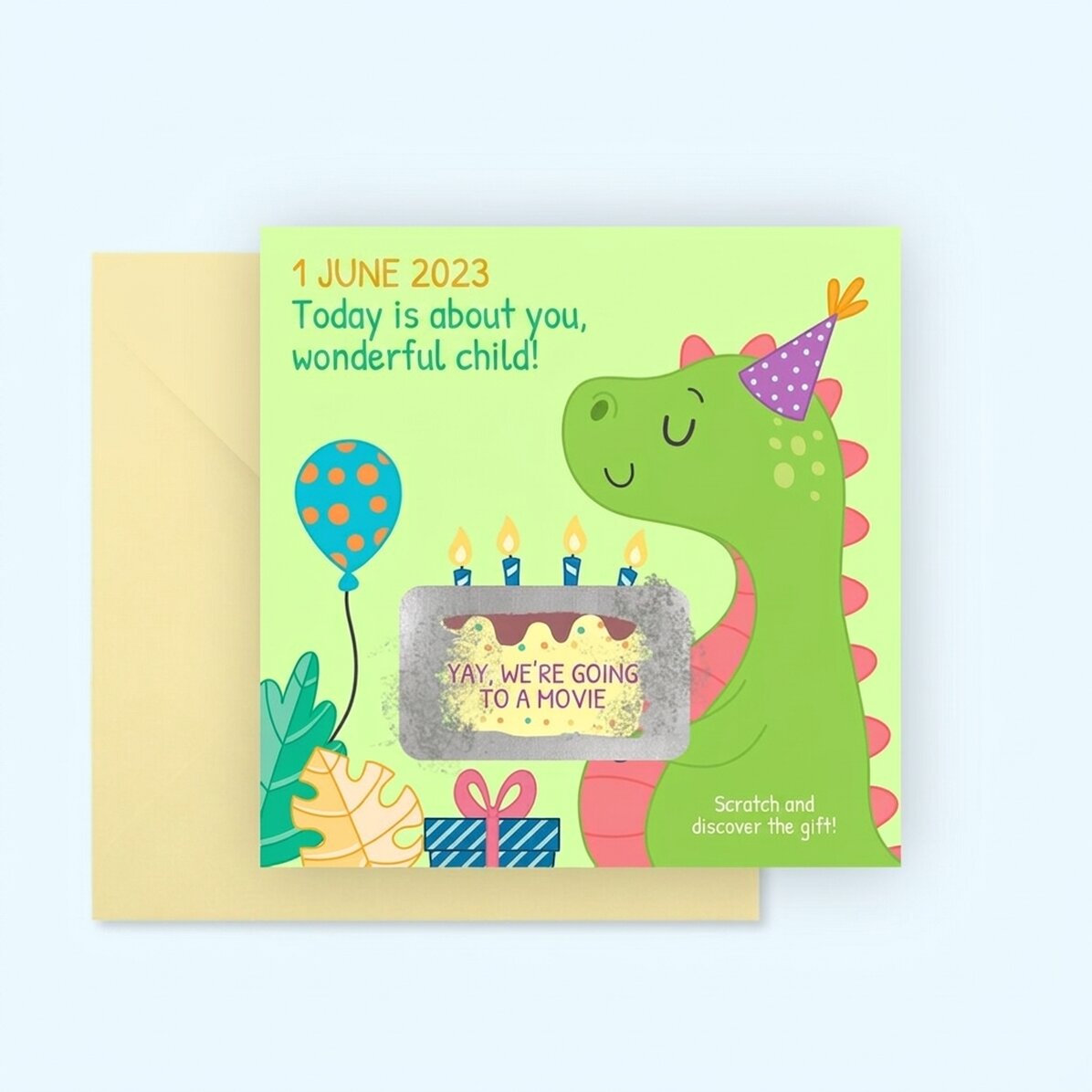 Biglietto gratta e vinci personalizzato con messaggio per bambini - Dino