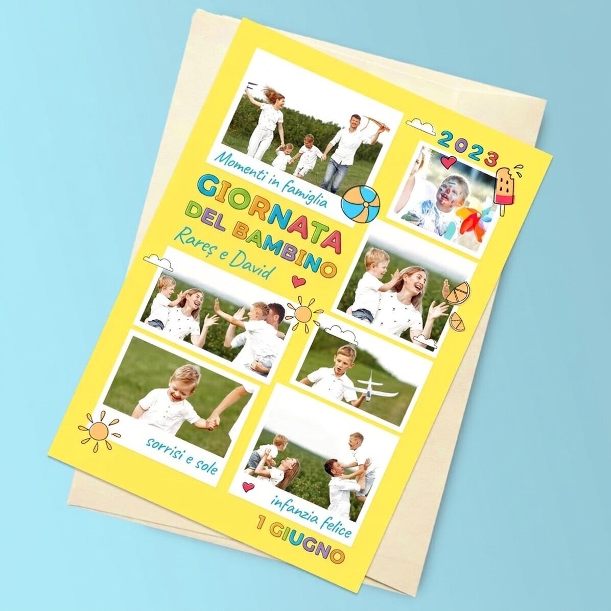 Biglietto di auguri magnetico personalizzato con 7 foto e messaggio - Festa dei bambini
