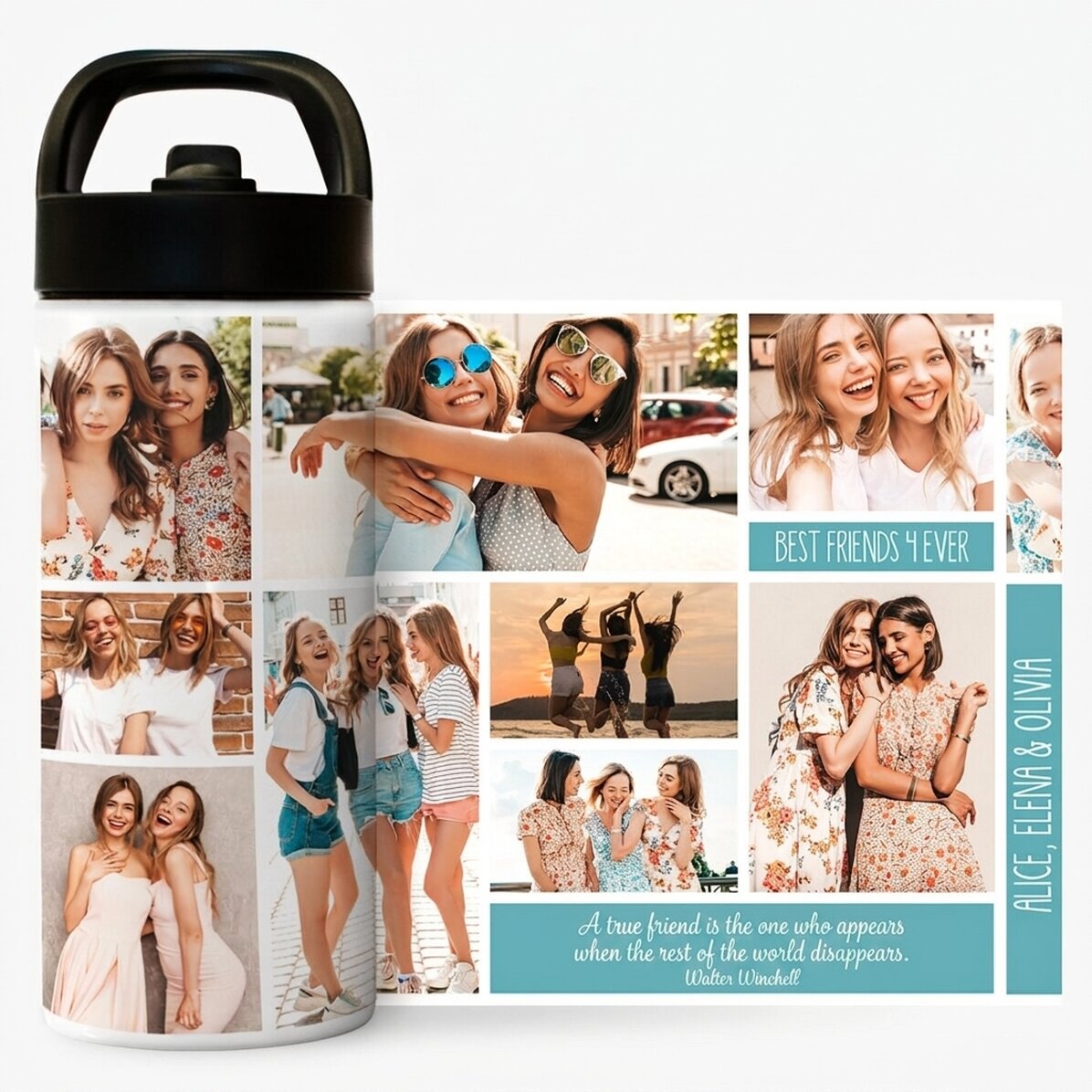 Thermos con manico e cannuccia personalizzato con collage di foto e testo