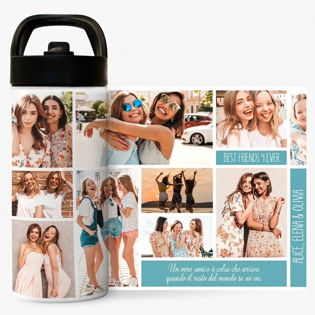 Thermos con manico e cannuccia personalizzato con collage di foto e testo