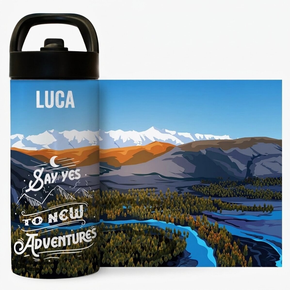 Thermos con manico e cannuccia personalizzato con nome - New adventures