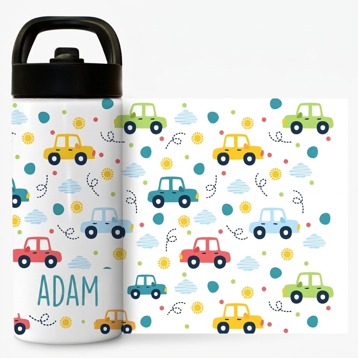 Thermos con manico e cannuccia personalizzato con nome - Macchinine