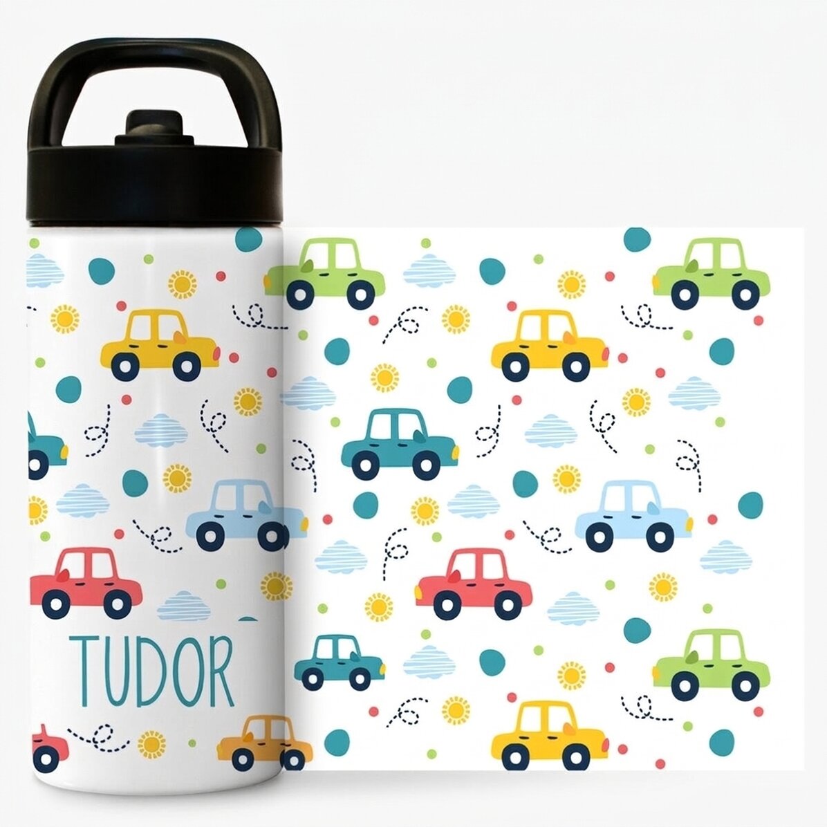 Thermos con manico e cannuccia personalizzato con nome - Macchinine