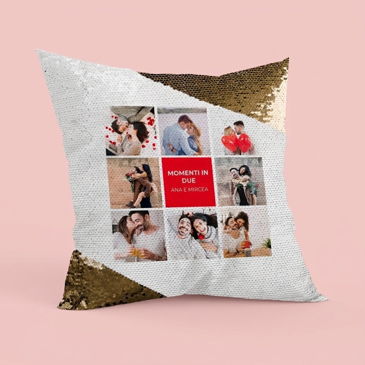 Cuscino personalizzato con 8 foto e testo - Paillettes dorate