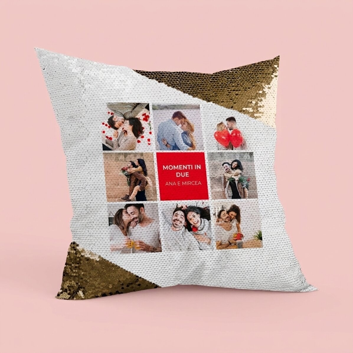 Cuscino personalizzato con 8 foto e testo - Paillettes dorate