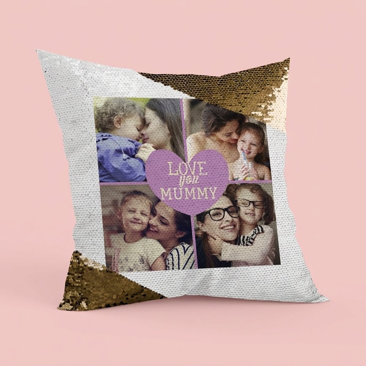 Cuscino personalizzato con 4 foto e testo - Paillettes dorate