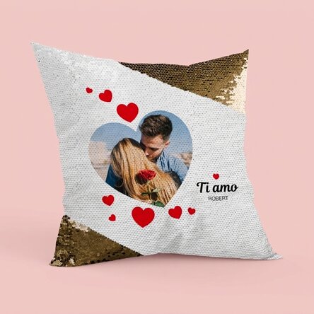 Cuscino personalizzato con una foto - P.S. I love you - Paillettes dorate