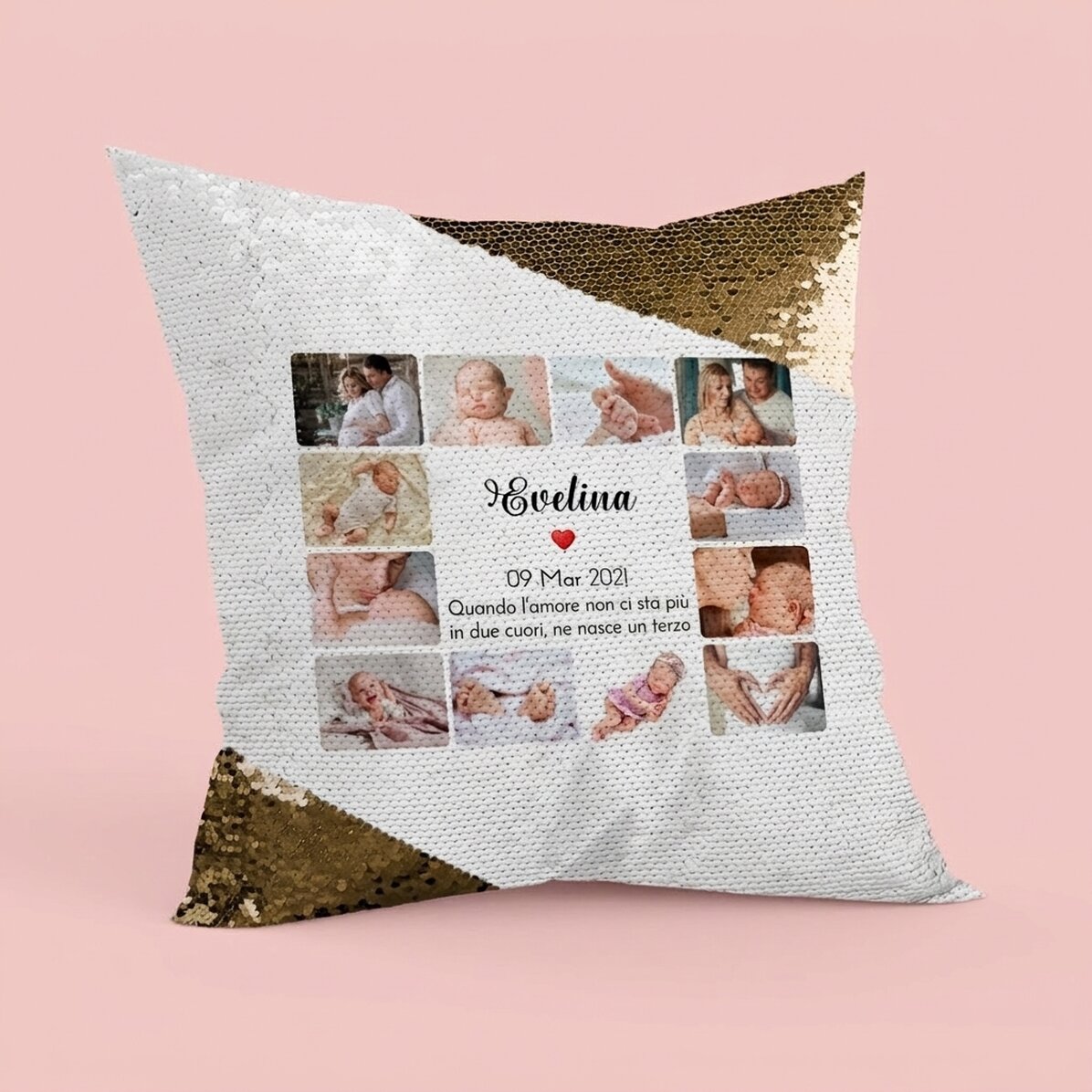 Cuscino personalizzato con 12 foto e testo - Baby Paillettes dorate