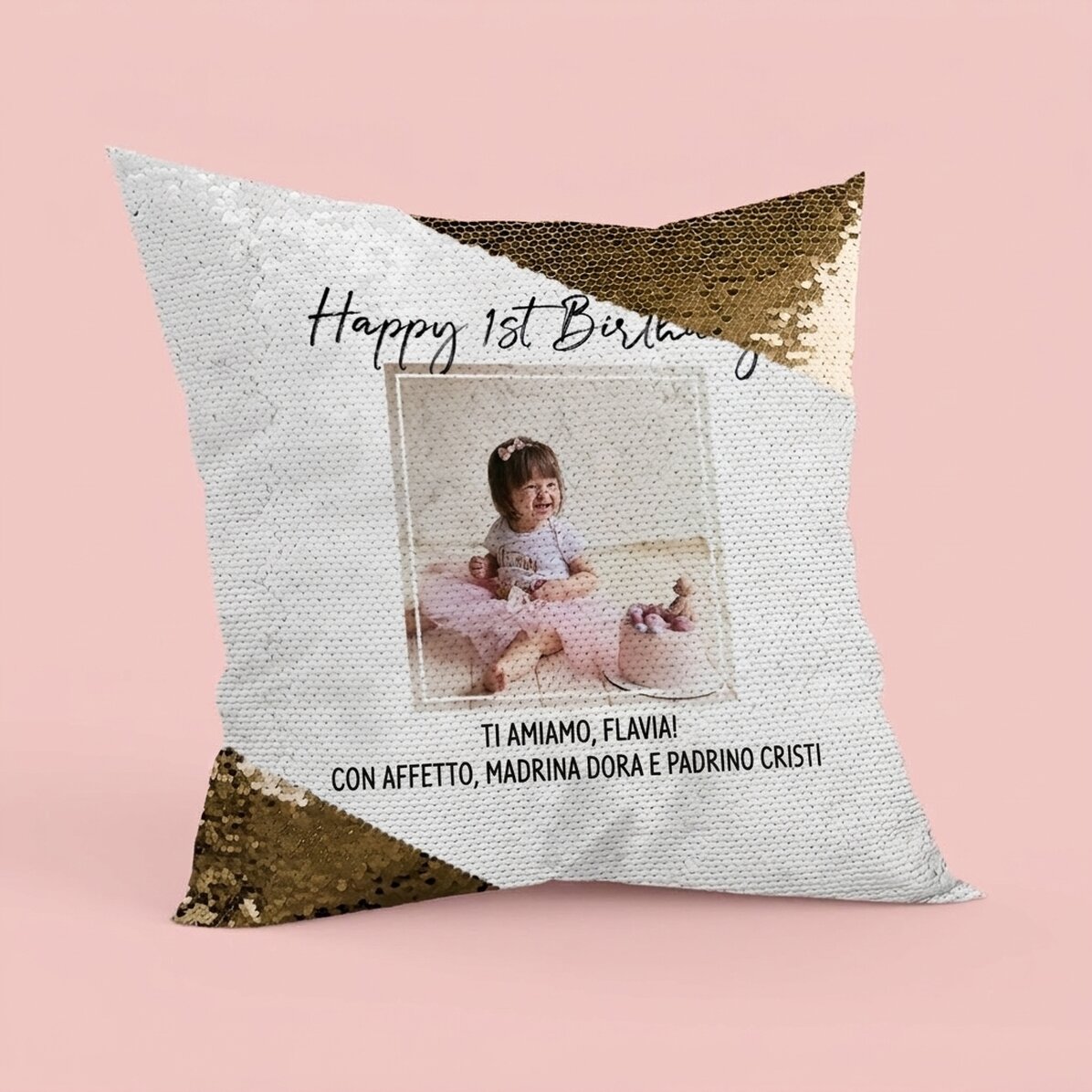Cuscino personalizzato con foto e testo - Happy Birthday - Paillettes dorate