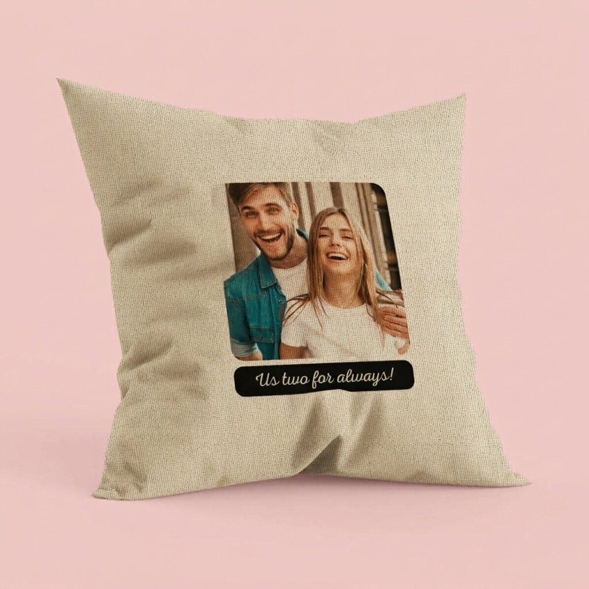 Cuscino personalizzato con una foto quadrata e una scritta - Per sempre - In