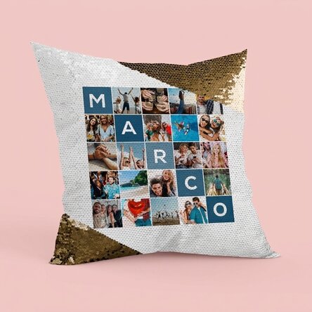Cuscino personalizzato con 20 foto e un nome di 5 lettere - Paillettes dorate