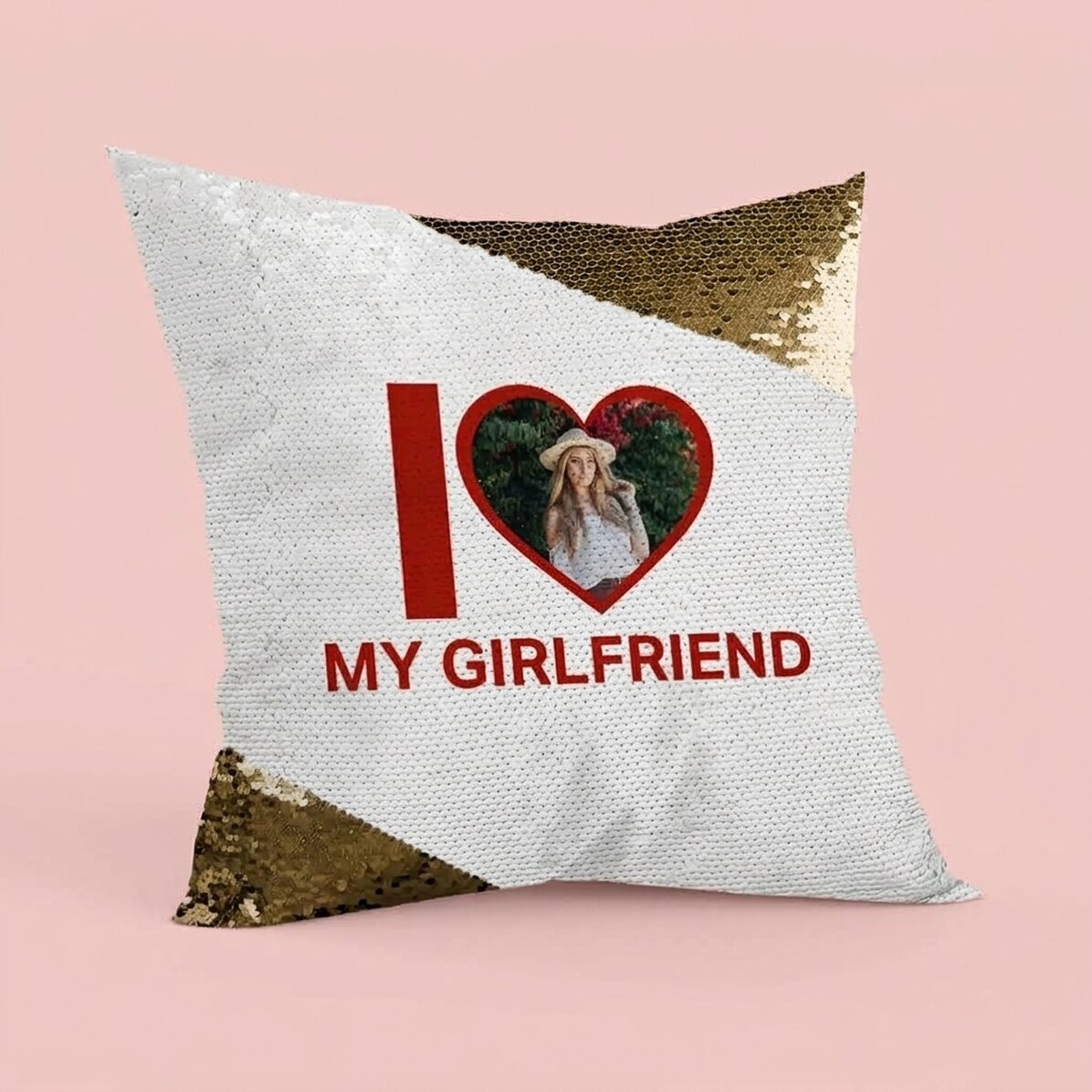 Cuscino personalizzato con foto e testo - I love my girlfriend - Paillettes dorate