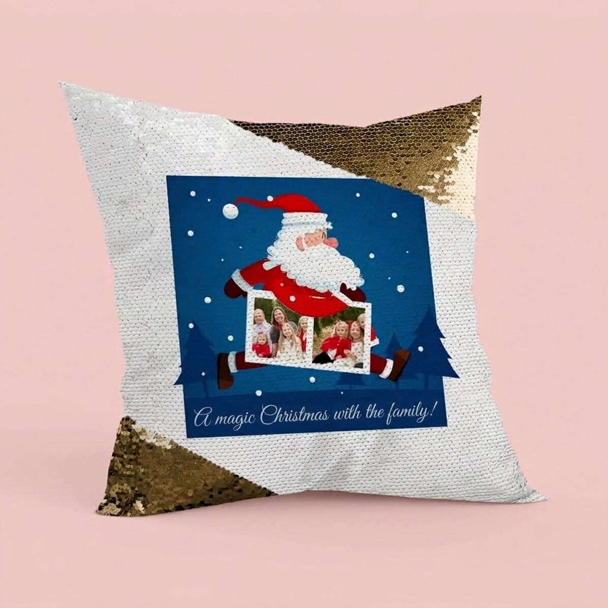 Cuscino personalizzato con due foto e testo - Babbo Natale - Paillettes dorate