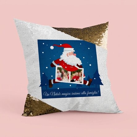Cuscino personalizzato con due foto e testo - Babbo Natale - Paillettes dorate