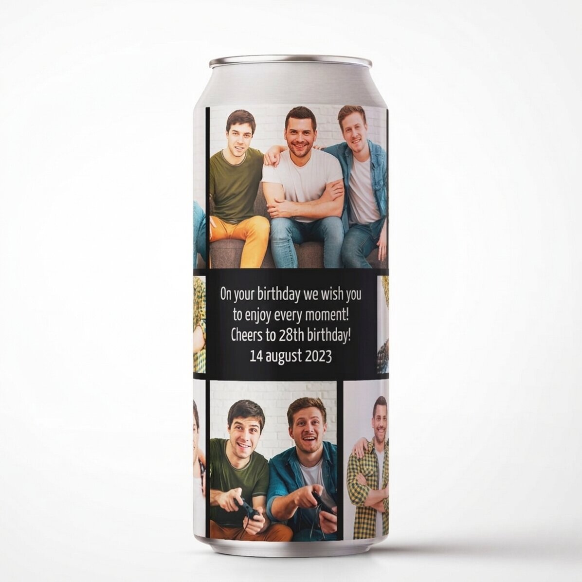 Birra in lattina personalizzata con messaggio e collage di foto