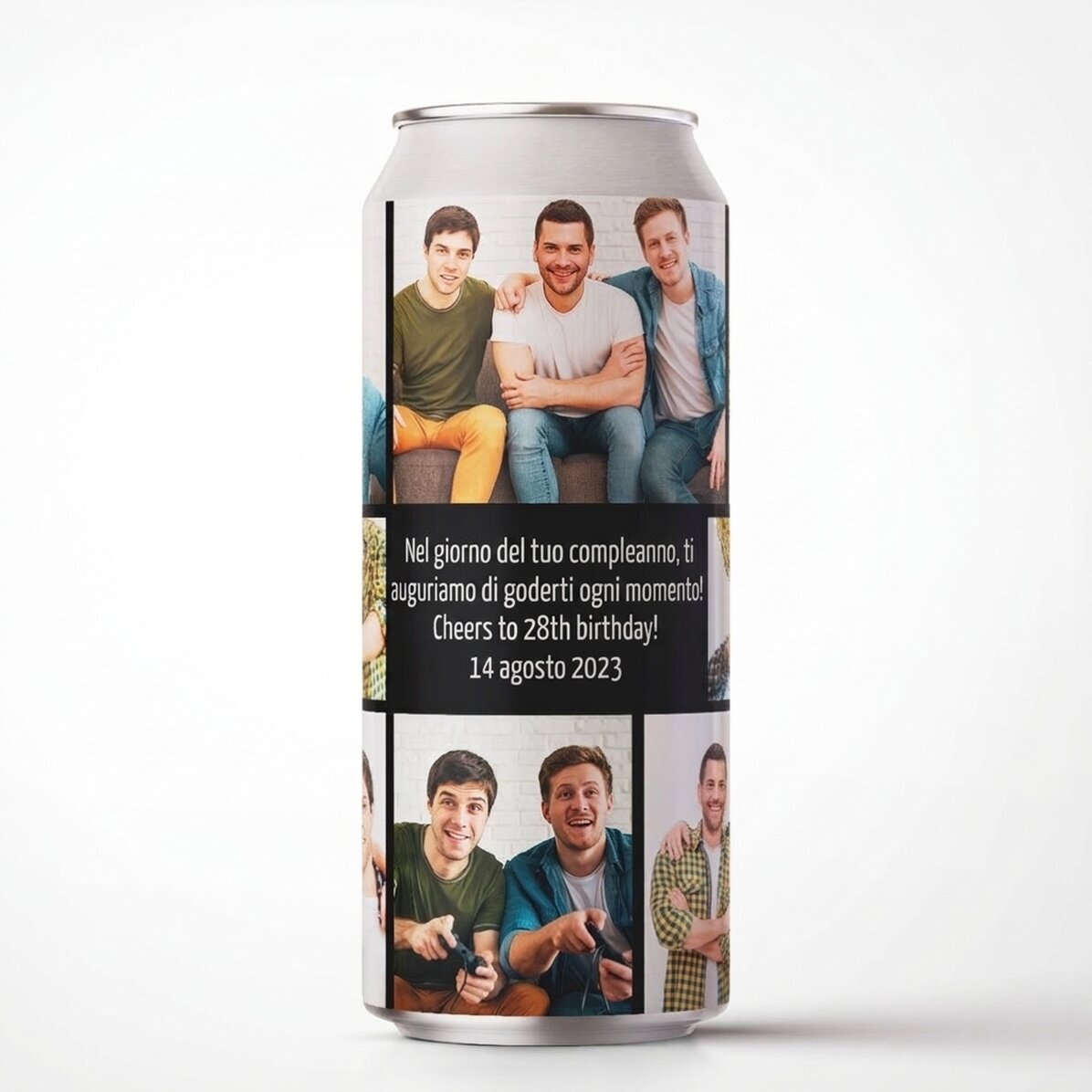 Birra in lattina personalizzata con messaggio e collage di foto