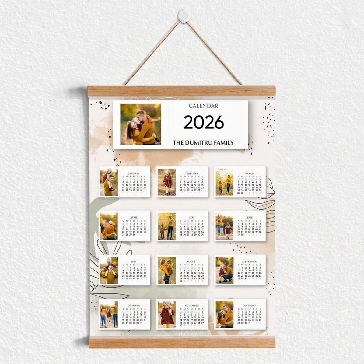 Calendario da parete personalizzato con ganci, 13 foto e testo