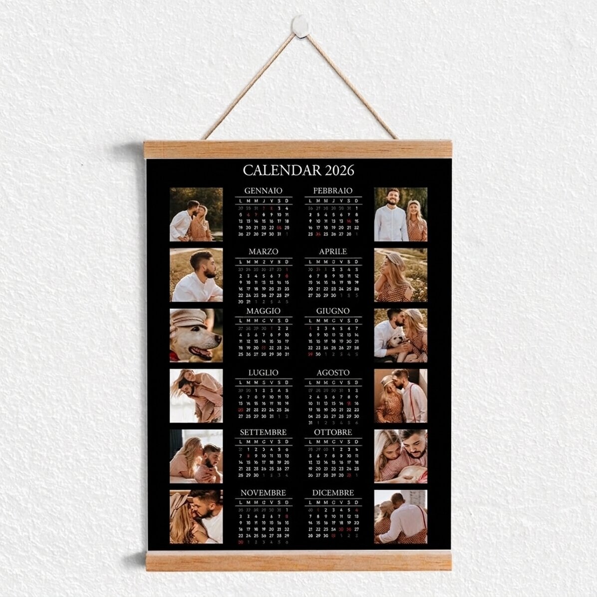 Calendario da parete personalizzato con ganci, 12 foto e testo