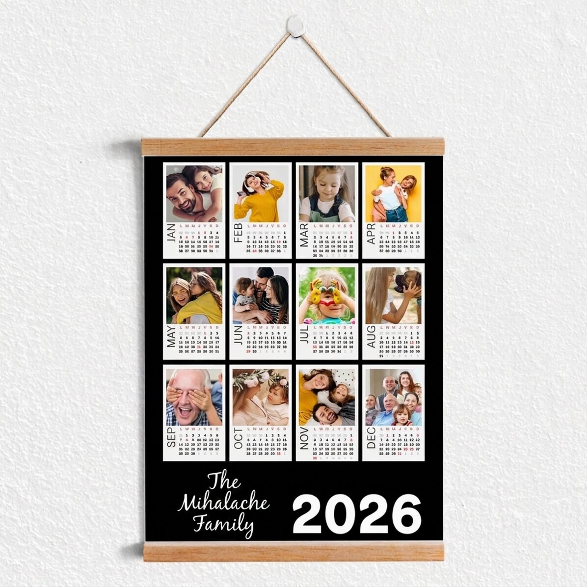 Calendario da parete personalizzato con ganci, 12 foto Polaroid e sfondo colorato