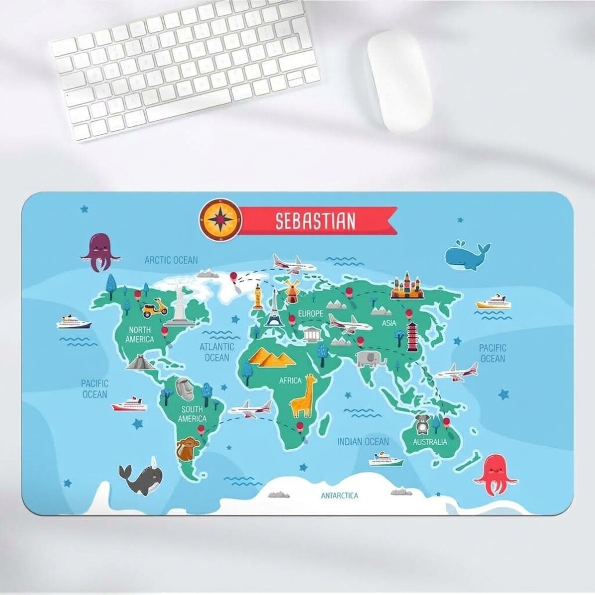 Tappetino per mouse XXL personalizzato con nome per bambini - Mappa del mondo