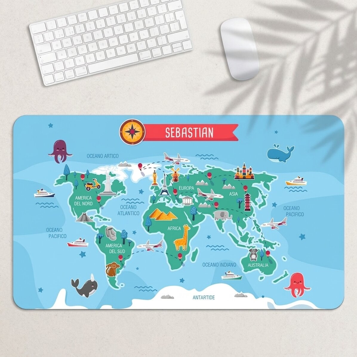 Tappetino per mouse XXL personalizzato con nome per bambini - Mappa del mondo