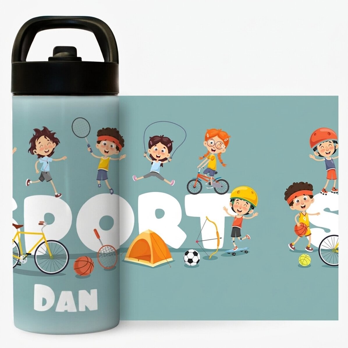 Tazza termica con manico e cannuccia personalizzata con nome per bambini - Sport
