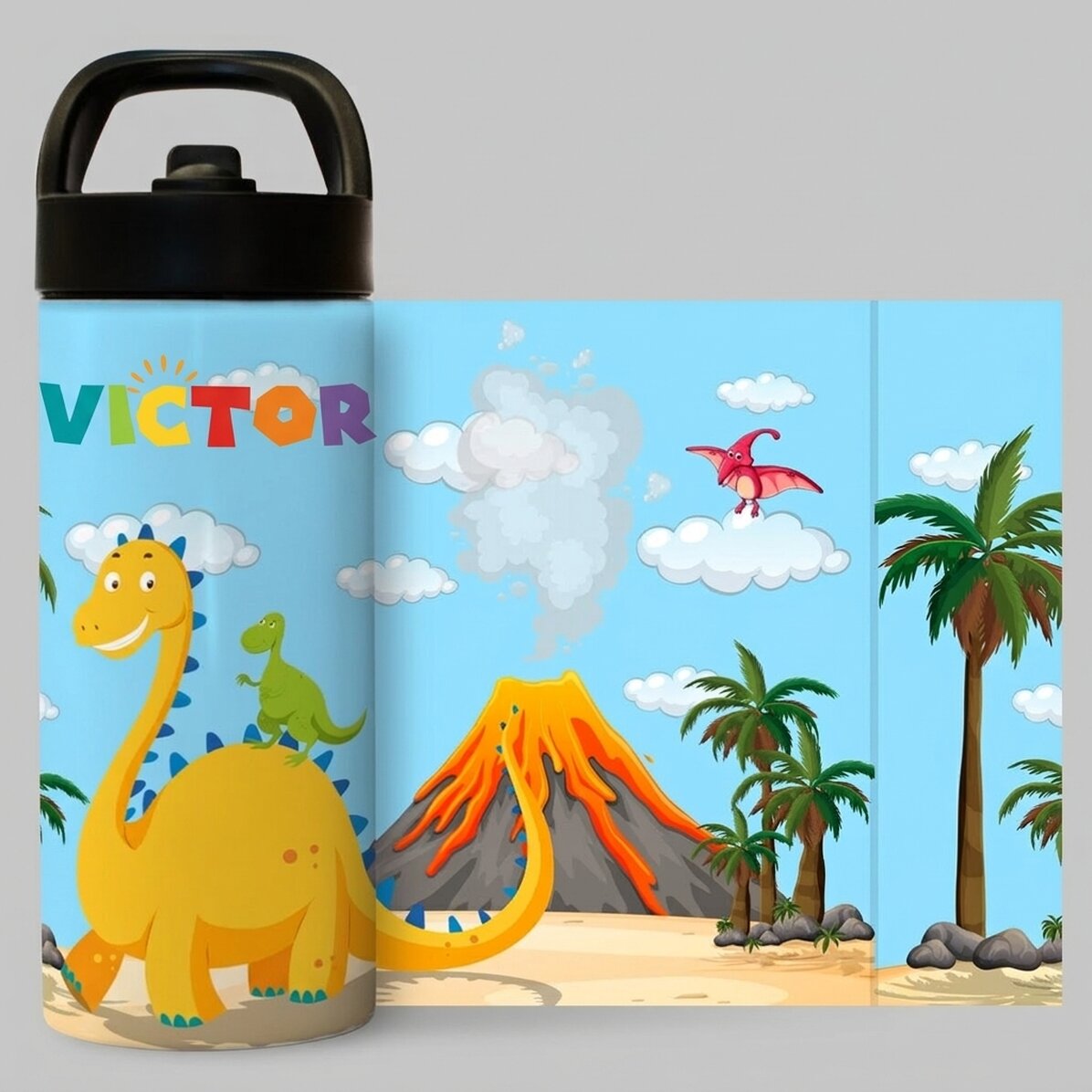 Thermos con manico e cannuccia personalizzato con nome per bambini - Dino