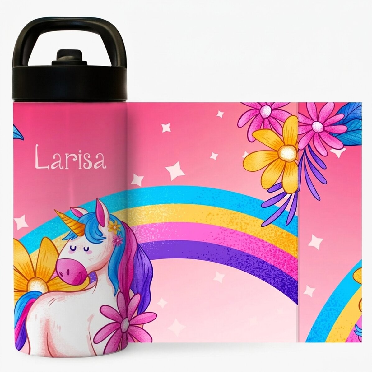 Tazza termica con manico e cannuccia personalizzata con nome per bambini - Unicorno