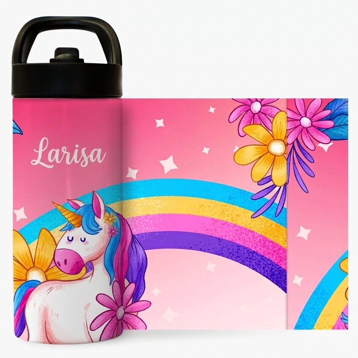 Tazza termica con manico e cannuccia personalizzata con nome per bambini - Unicorno
