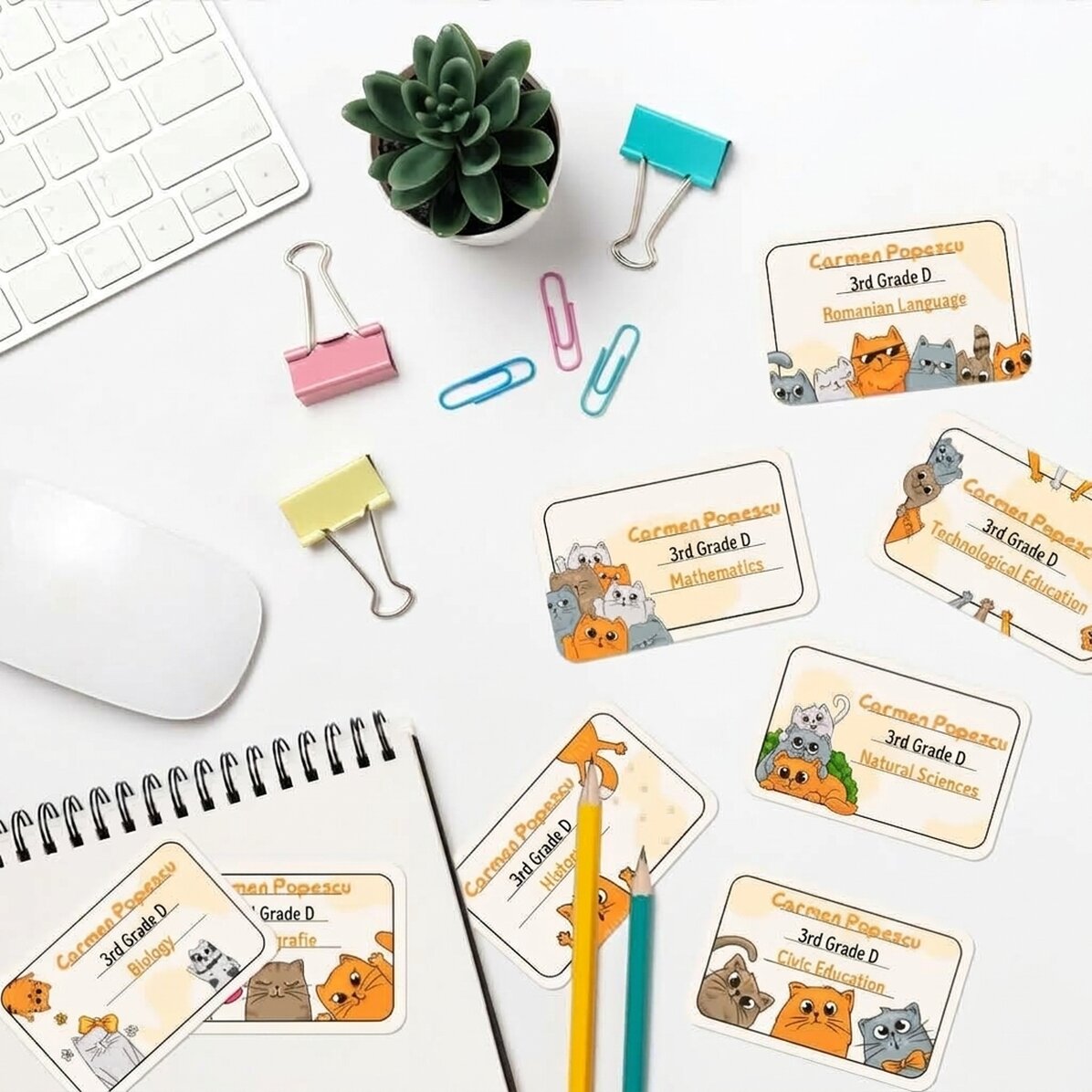 Set di 8 adesivi (etichette autoadesive) personalizzati per la scuola con scritta - Kittens