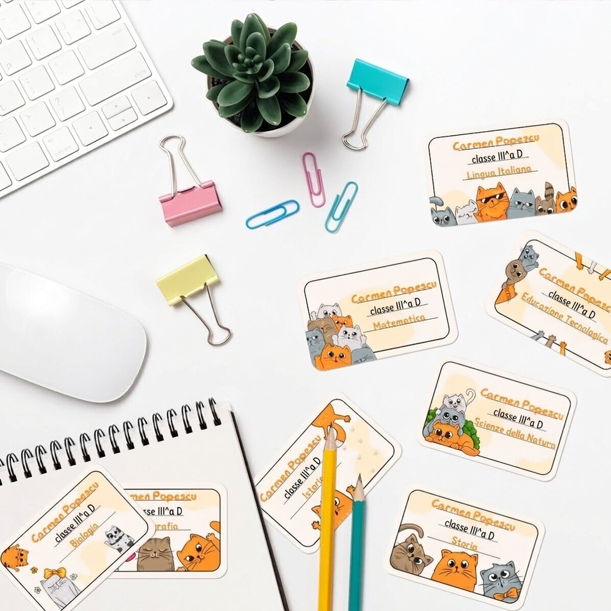 Set di 8 adesivi (etichette autoadesive) personalizzati per la scuola con scritta - Kittens
