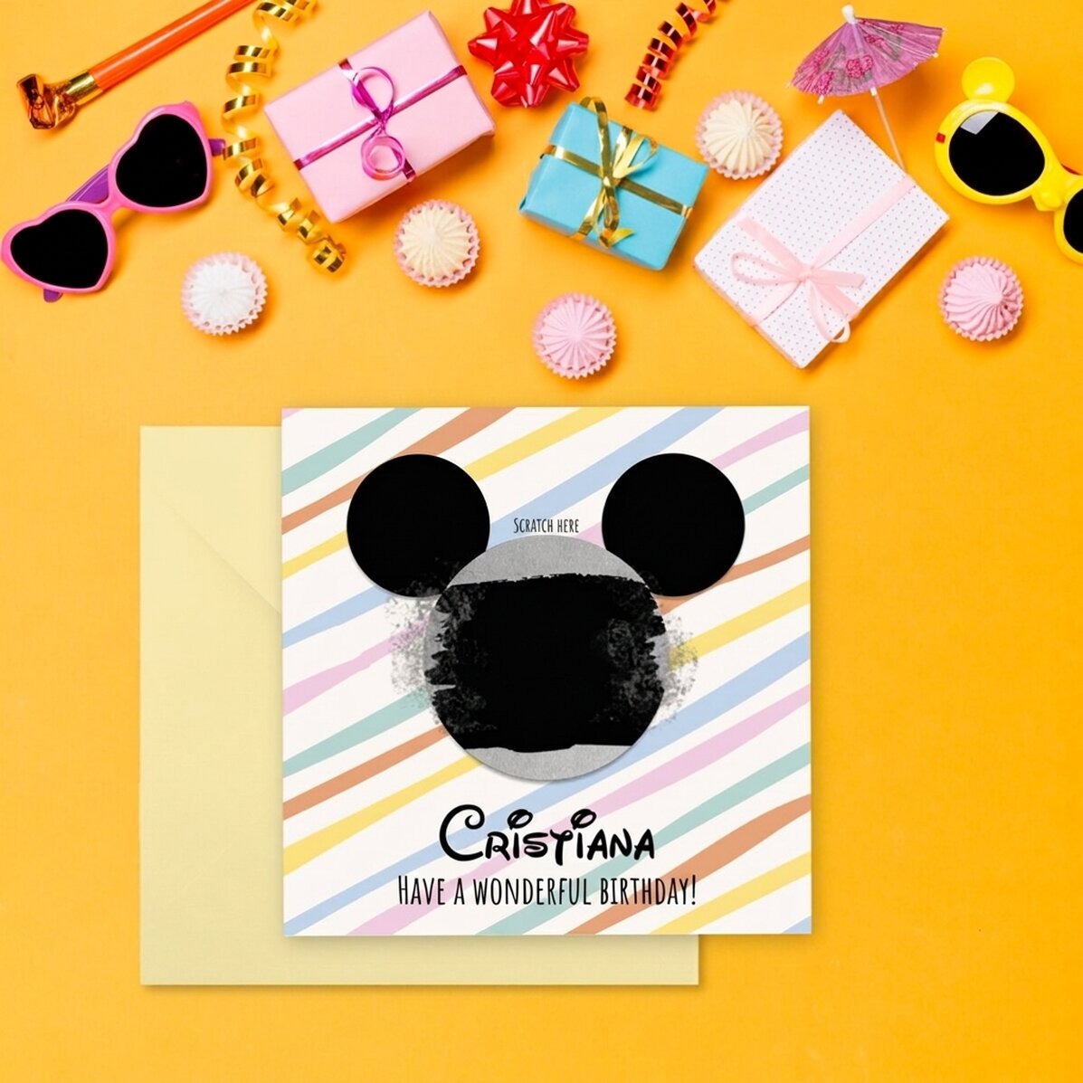 Carta gratta e vinci personalizzata con messaggio - Orecchie da Topolino