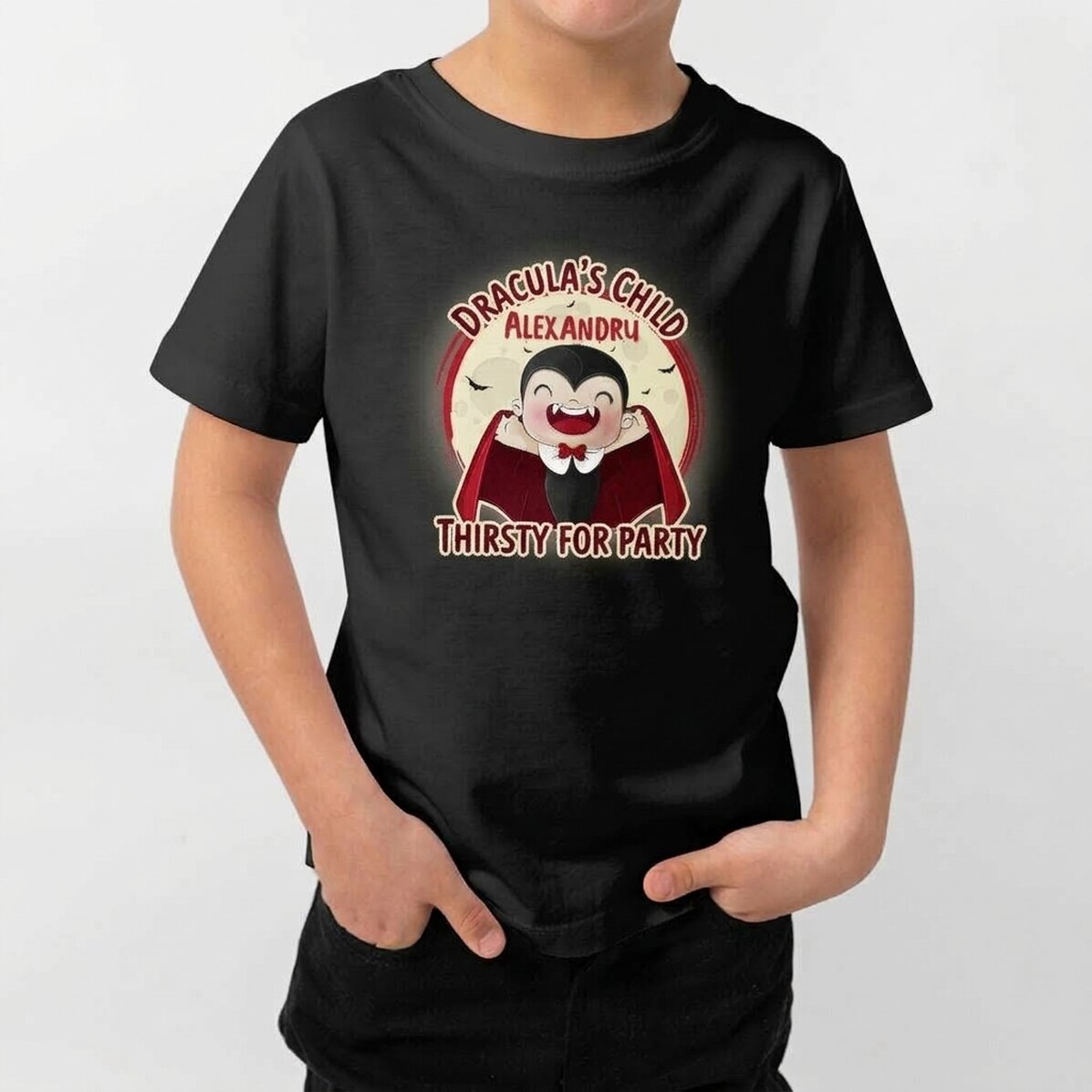 Maglietta di Halloween in cotone per bambini personalizzata con scritta - Pulcino di Dracula
