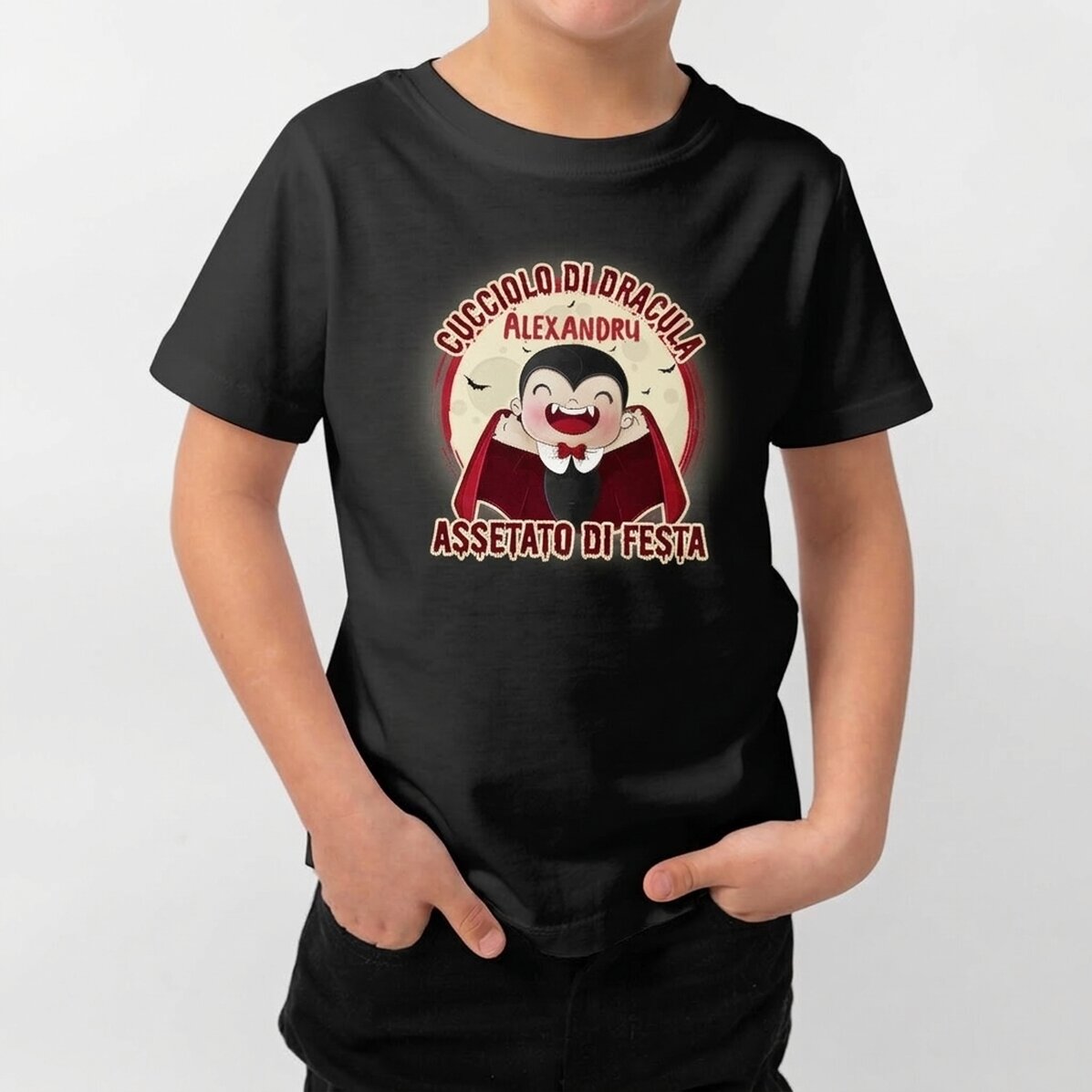 Maglietta di Halloween in cotone per bambini personalizzata con scritta - Pulcino di Dracula